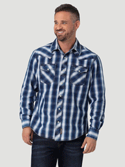 Wrangler 112330787 Mens Retro Premium Long Sleeve Plaid Shirt Indigo front view. If you need any assistance with this item or the purchase of this item please call us at five six one seven four eight eight eight zero one Monday through Saturday 10:00a.m EST to 8:00 p.m EST