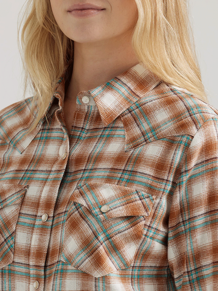 Wrangler 112356675 Womens Essential Plaid Western Shirt Pumpkin Moss front. If you need any assistance with this item or the purchase of this item please call us at five six one seven four eight eight eight zero one Monday through Saturday 10:00a.m EST to 8:00 p.m EST

