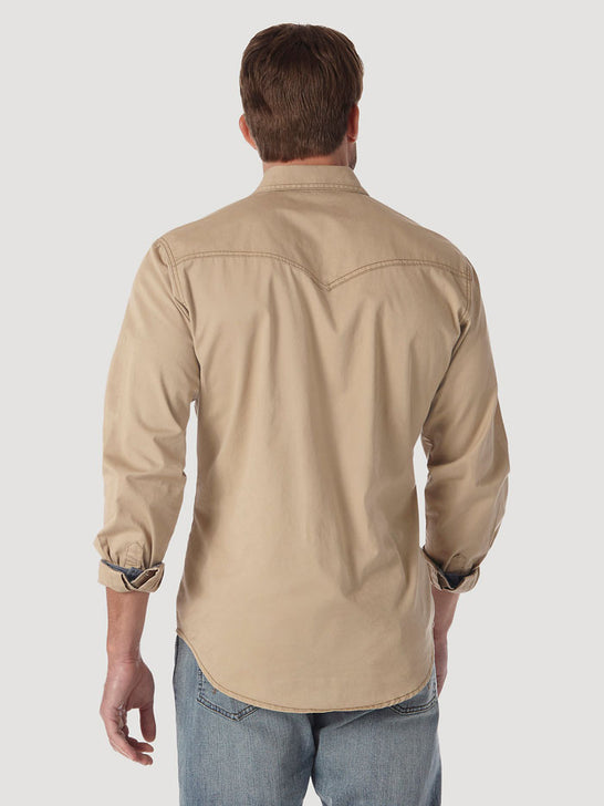 Wrangler MVR502T Mens Retro Long Sleeve Shirt Tan back view. If you need any assistance with this item or the purchase of this item please call us at five six one seven four eight eight eight zero one Monday through Saturday 10:00a.m EST to 8:00 p.m EST