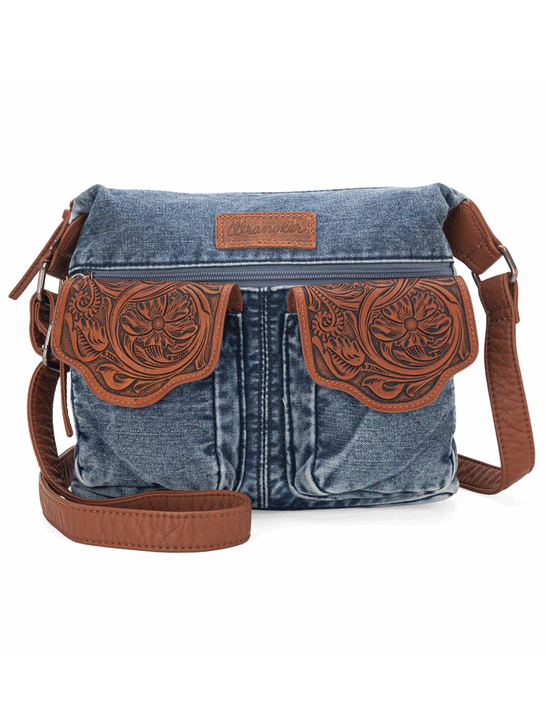 Wrangler WG103-2009JN Womens Floral Tooled Jean Crossbody Bag Denim front. If you need any assistance with this item or the purchase of this item please call us at five six one seven four eight eight eight zero one Monday through Saturday 10:00a.m EST to 8:00 p.m EST

