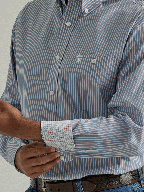 Wrangler 112331807 George Strait Collection Button Down Western Shirt Steel Blue Stripe cuff close up view. If you need any assistance with this item or the purchase of this item please call us at five six one seven four eight eight eight zero one Monday through Saturday 10:00a.m EST to 8:00 p.m EST