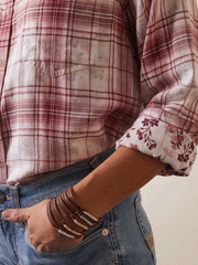 Ariat 10043453 Womens Billie Jean Shirt Willa Plaid Floral Burgundy contrast cuff close up view. If you need any assistance with this item or the purchase of this item please call us at five six one seven four eight eight eight zero one Monday through Saturday 10:00a.m EST to 8:00 p.m EST