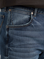 Wrangler 112338536 Mens Retro Slim Fit Straight Leg Jean Gaffrey front pocket close up view. If you need any assistance with this item or the purchase of this item please call us at five six one seven four eight eight eight zero one Monday through Saturday 10:00a.m EST to 8:00 p.m EST