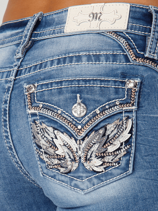 Miss Me M3080B72L Womens Mid Rise Slim Fit Boot Jean Medium Blue back close up. If you need any assistance with this item or the purchase of this item please call us at five six one seven four eight eight eight zero one Monday through Saturday 10:00a.m EST to 8:00 p.m EST