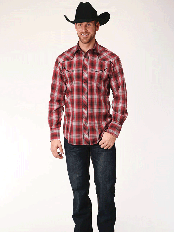 Roper 1-01-086-0139 Mens Long Sleeve Snap Plaid Western Shirt Red front view. If you need any assistance with this item or the purchase of this item please call us at five six one seven four eight eight eight zero one Monday through Saturday 10:00a.m EST to 8:00 p.m EST