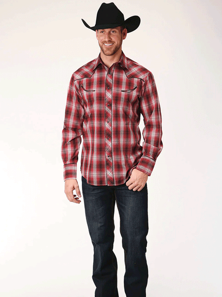 Roper 1-01-086-0139 Mens Long Sleeve Snap Plaid Western Shirt Red alternate front view. If you need any assistance with this item or the purchase of this item please call us at five six one seven four eight eight eight zero one Monday through Saturday 10:00a.m EST to 8:00 p.m EST