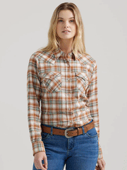 Wrangler 112356675 Womens Essential Plaid Western Shirt Pumpkin Moss front. If you need any assistance with this item or the purchase of this item please call us at five six one seven four eight eight eight zero one Monday through Saturday 10:00a.m EST to 8:00 p.m EST

