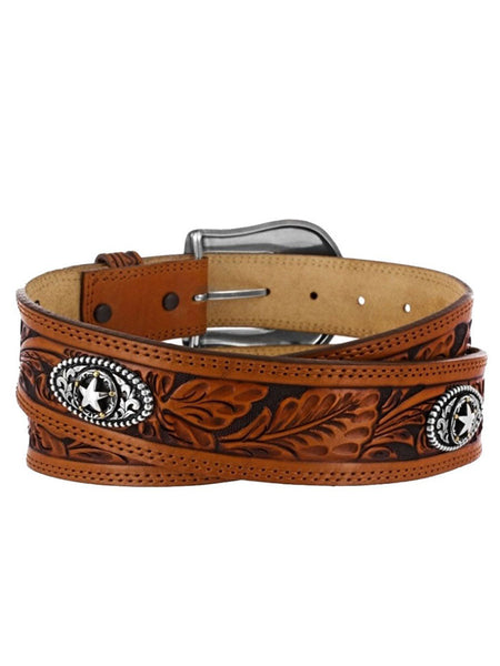 Justin C12424 Mens 5 Star Tooled Leather Belt Brown back view. If you need any assistance with this item or the purchase of this item please call us at five six one seven four eight eight eight zero one Monday through Saturday 10:00a.m EST to 8:00 p.m EST