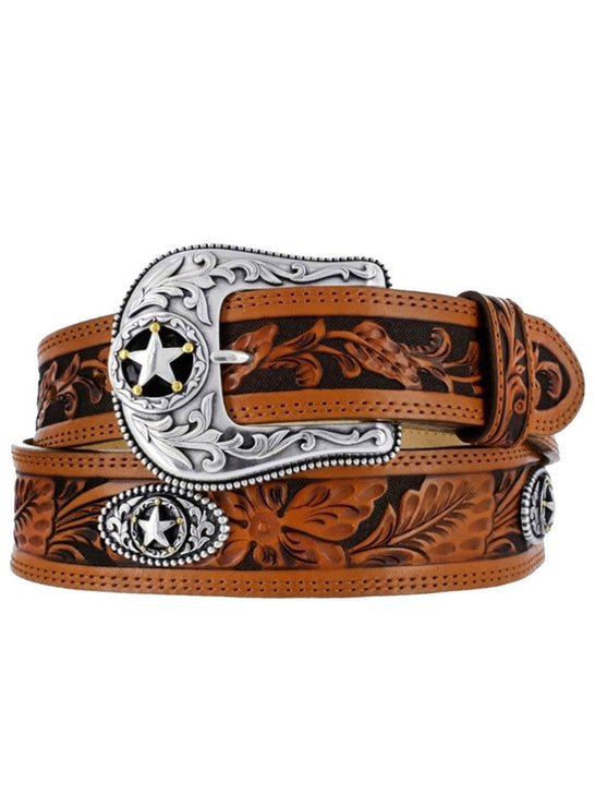 Justin C12424 Mens 5 Star Tooled Leather Belt Brown front view. If you need any assistance with this item or the purchase of this item please call us at five six one seven four eight eight eight zero one Monday through Saturday 10:00a.m EST to 8:00 p.m EST
