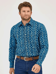 Wrangler 112359440 Mens Checotah Long Sleeve Western Shirt Deep Lake Blue front view. If you need any assistance with this item or the purchase of this item please call us at five six one seven four eight eight eight zero one Monday through Saturday 10:00a.m EST to 8:00 p.m EST

