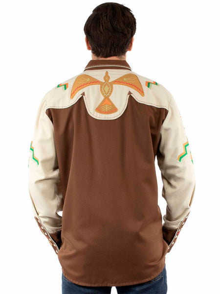 Scully P-734-BRN Mens Phoenix Embroidery Western Shirt Bark Brown back view. If you need any assistance with this item or the purchase of this item please call us at five six one seven four eight eight eight zero one Monday through Saturday 10:00a.m EST to 8:00 p.m EST