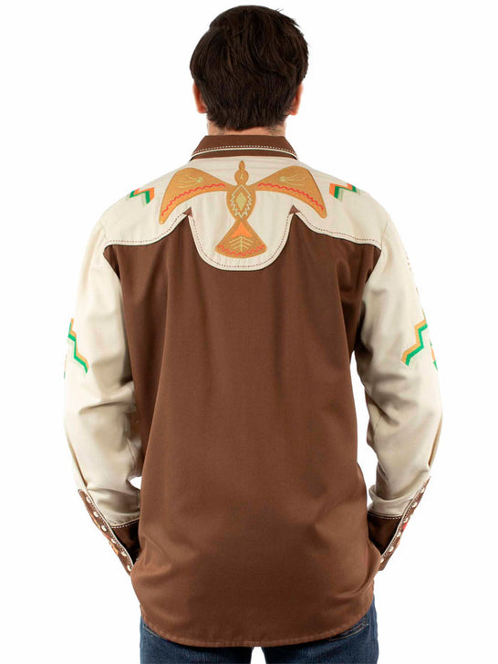 Scully P-734-BRN Mens Phoenix Embroidery Western Shirt Bark Brown back view. If you need any assistance with this item or the purchase of this item please call us at five six one seven four eight eight eight zero one Monday through Saturday 10:00a.m EST to 8:00 p.m EST