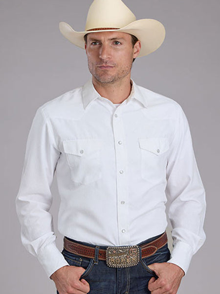 Roper 01-001-0145-0371 Mens Long Sleeve Solid Tone On Tone Western Shirt White front view. If you need any assistance with this item or the purchase of this item please call us at five six one seven four eight eight eight zero one Monday through Saturday 10:00a.m EST to 8:00 p.m EST