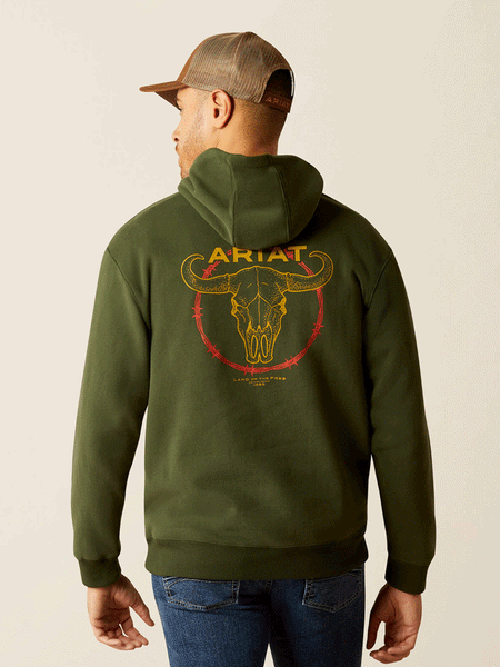 Ariat 10052461 Mens Barbwire Skull Hoodie Olive Green back view. If you need any assistance with this item or the purchase of this item please call us at five six one seven four eight eight eight zero one Monday through Saturday 10:00a.m EST to 8:00 p.m EST