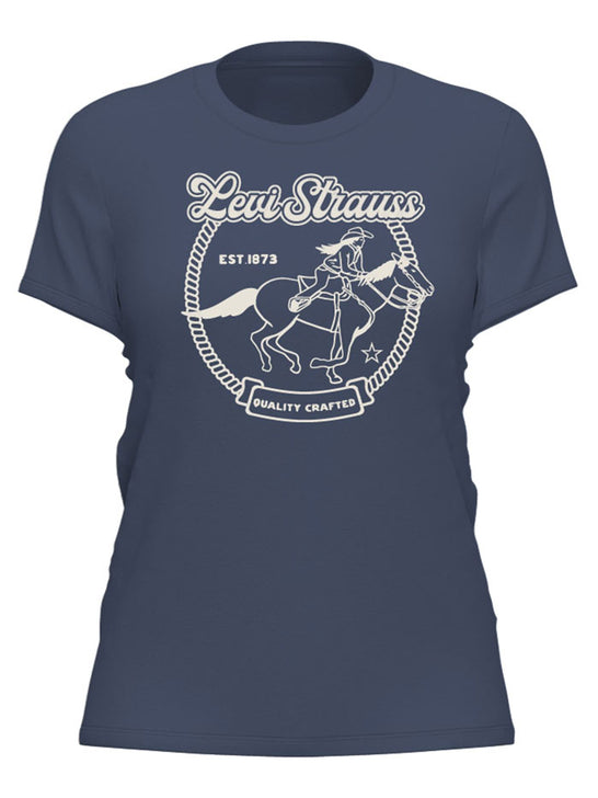 Levis 173692537 Womens Perfect T-Shirt Vintage Indigo Blue front graphic view. If you need any assistance with this item or the purchase of this item please call us at five six one seven four eight eight eight zero one Monday through Saturday 10:00a.m EST to 8:00 p.m EST