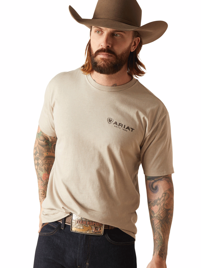 Ariat 10047888 Mens Zuni Flag Short Sleeve Tee Khaki Heather back view. If you need any assistance with this item or the purchase of this item please call us at five six one seven four eight eight eight zero one Monday through Saturday 10:00a.m EST to 8:00 p.m EST