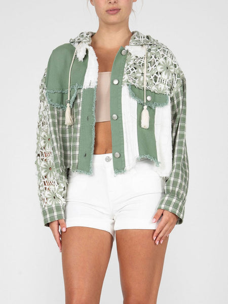 Miss Me MJ0499L Womens Floral Denim Jacket Sage Green front view. If you need any assistance with this item or the purchase of this item please call us at five six one seven four eight eight eight zero one Monday through Saturday 10:00a.m EST to 8:00 p.m EST
