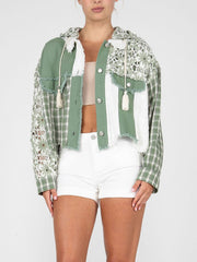 Miss Me MJ0499L Womens Floral Denim Jacket Sage Green front view. If you need any assistance with this item or the purchase of this item please call us at five six one seven four eight eight eight zero one Monday through Saturday 10:00a.m EST to 8:00 p.m EST