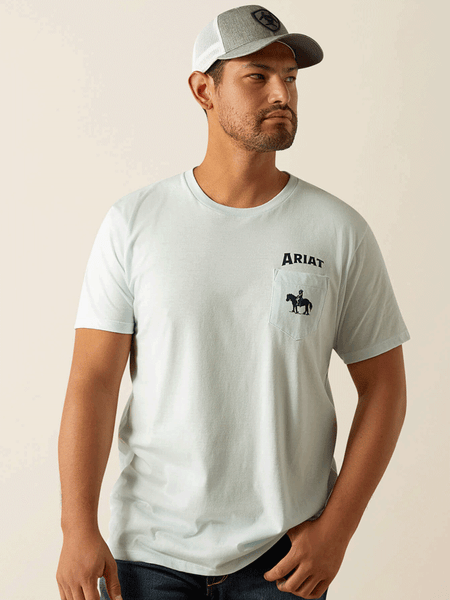 Ariat 10058882 Mens Echo Valley Pocket T-Shirt Quiet Ride Light Blue front view. If you need any assistance with this item or the purchase of this item please call us at five six one seven four eight eight eight zero one Monday through Saturday 10:00a.m EST to 8:00 p.m EST