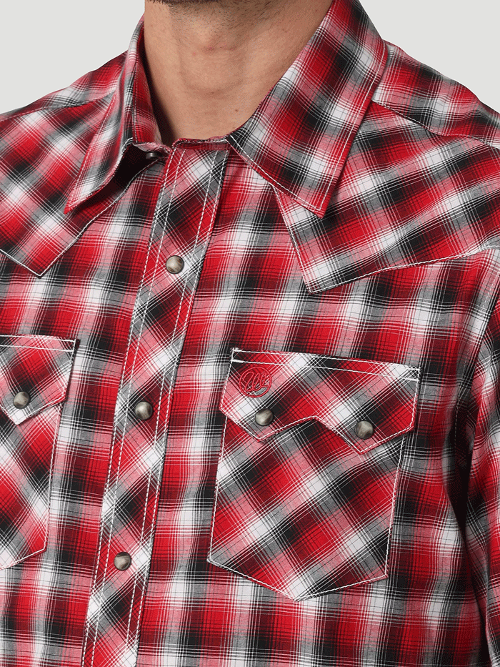 Wrangler 112326334 Mens Retro Short Sleeve Plaid Shirt Picnic Red front view. If you need any assistance with this item or the purchase of this item please call us at five six one seven four eight eight eight zero one Monday through Saturday 10:00a.m EST to 8:00 p.m EST