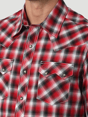 Wrangler 112326334 Mens Retro Short Sleeve Plaid Shirt Picnic Red front close up view of pocket. If you need any assistance with this item or the purchase of this item please call us at five six one seven four eight eight eight zero one Monday through Saturday 10:00a.m EST to 8:00 p.m EST