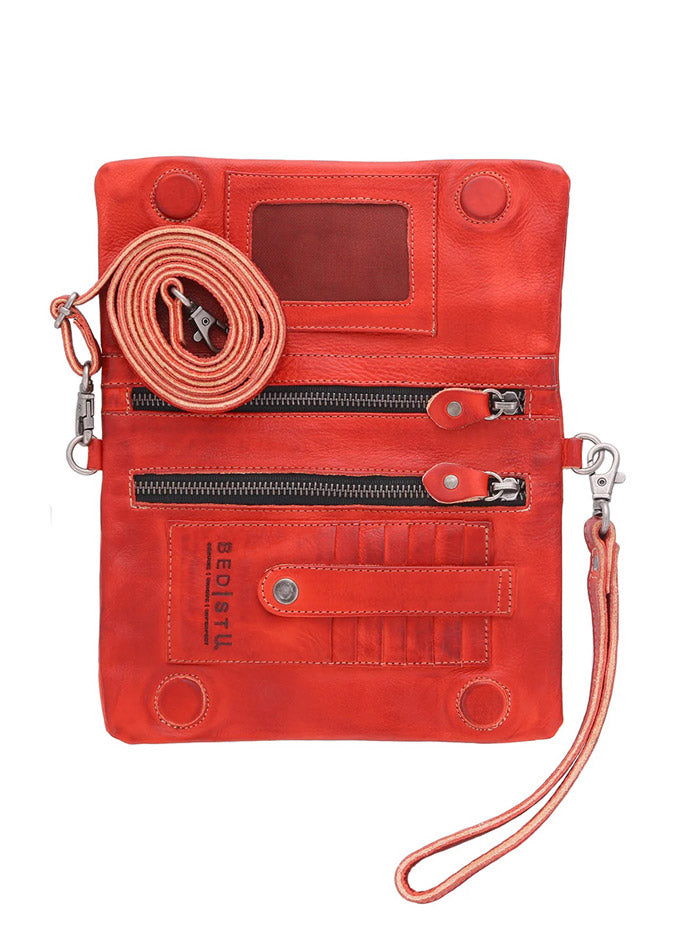 Bed Stu A621040-RDRS-X Womens Cadence 3 In 1 Handbag Red Rustic front view on model. If you need any assistance with this item or the purchase of this item please call us at five six one seven four eight eight eight zero one Monday through Saturday 10:00a.m EST to 8:00 p.m EST
