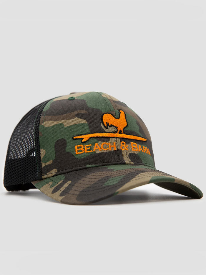 Beach & Barn SURFING ROOSTER Snapback Hat Green Camo Black front view. If you need any assistance with this item or the purchase of this item please call us at five six one seven four eight eight eight zero one Monday through Saturday 10:00a.m EST to 8:00 p.m EST