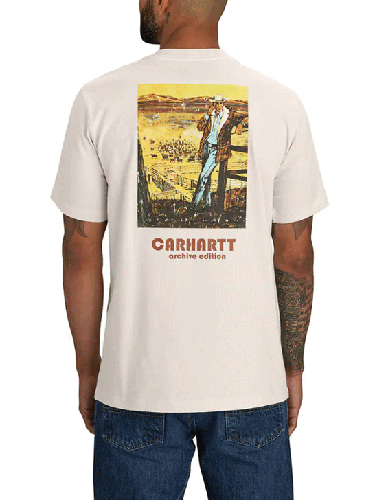 Carhartt 106146-W03 Mens Relaxed Fit Farm Graphic Short Sleeve T-Shirt Malt back view. If you need any assistance with this item or the purchase of this item please call us at five six one seven four eight eight eight zero one Monday through Saturday 10:00a.m EST to 8:00 p.m EST
