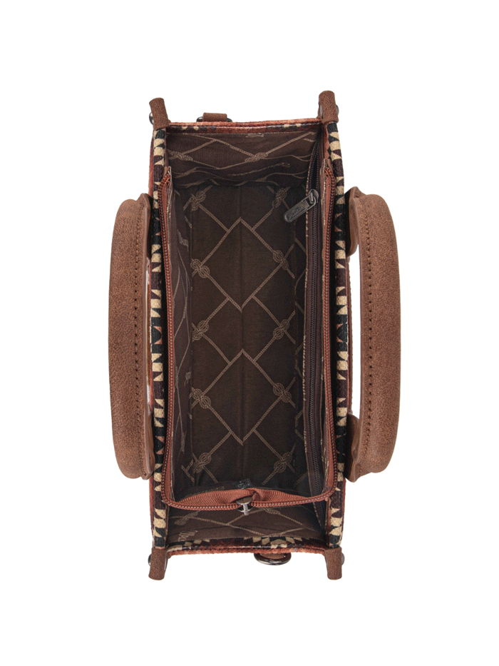 Wrangler WG2211-8120SBR Womens Southwestern Pattern Dual Sided Print Tote Crossbody Bag Brown front and side view. If you need any assistance with this item or the purchase of this item please call us at five six one seven four eight eight eight zero one Monday through Saturday 10:00a.m EST to 8:00 p.m EST