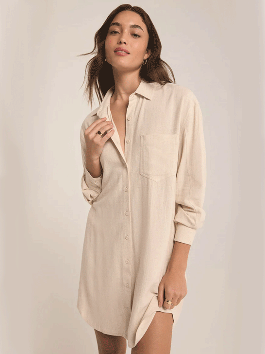 Z Supply ZD243344-FLX Womens Dover Linen Mini Dress Flax Beige front view. If you need any assistance with this item or the purchase of this item please call us at five six one seven four eight eight eight zero one Monday through Saturday 10:00a.m EST to 8:00 p.m EST