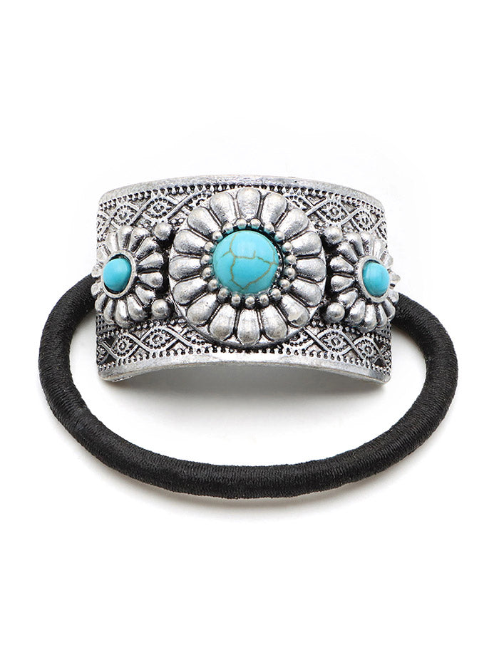 Cowgirl Confetti CCHRA13 Layla Hair Tie Silver And Turquoise front view. If you need any assistance with this item or the purchase of this item please call us at five six one seven four eight eight eight zero one Monday through Saturday 10:00a.m EST to 8:00 p.m EST