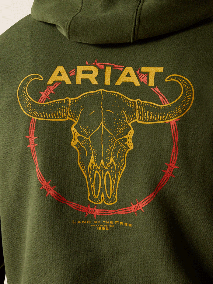 Ariat 10052461 Mens Barbwire Skull Hoodie Olive Green back view. If you need any assistance with this item or the purchase of this item please call us at five six one seven four eight eight eight zero one Monday through Saturday 10:00a.m EST to 8:00 p.m EST