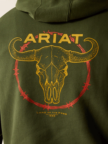 Ariat 10052461 Mens Barbwire Skull Hoodie Olive Green back graphic close up view. If you need any assistance with this item or the purchase of this item please call us at five six one seven four eight eight eight zero one Monday through Saturday 10:00a.m EST to 8:00 p.m EST