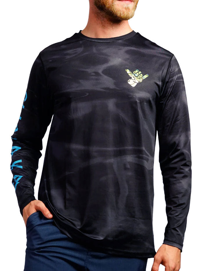 Shaka Kai DaveL TIGHT LINES Mens Long Sleeve Performance Shirt Black back view. If you need any assistance with this item or the purchase of this item please call us at five six one seven four eight eight eight zero one Monday through Saturday 10:00a.m EST to 8:00 p.m EST