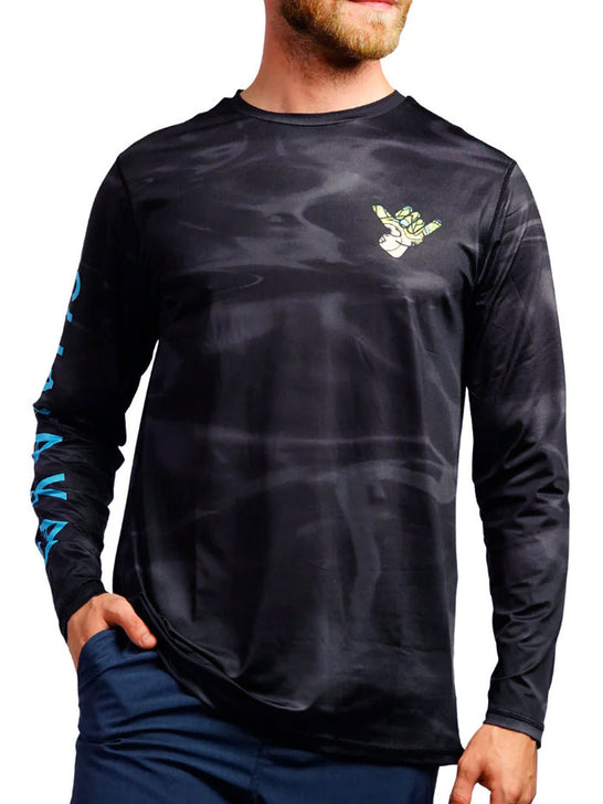 Shaka Kai DaveL TIGHT LINES Mens Long Sleeve Performance Shirt Black front view. If you need any assistance with this item or the purchase of this item please call us at five six one seven four eight eight eight zero one Monday through Saturday 10:00a.m EST to 8:00 p.m EST