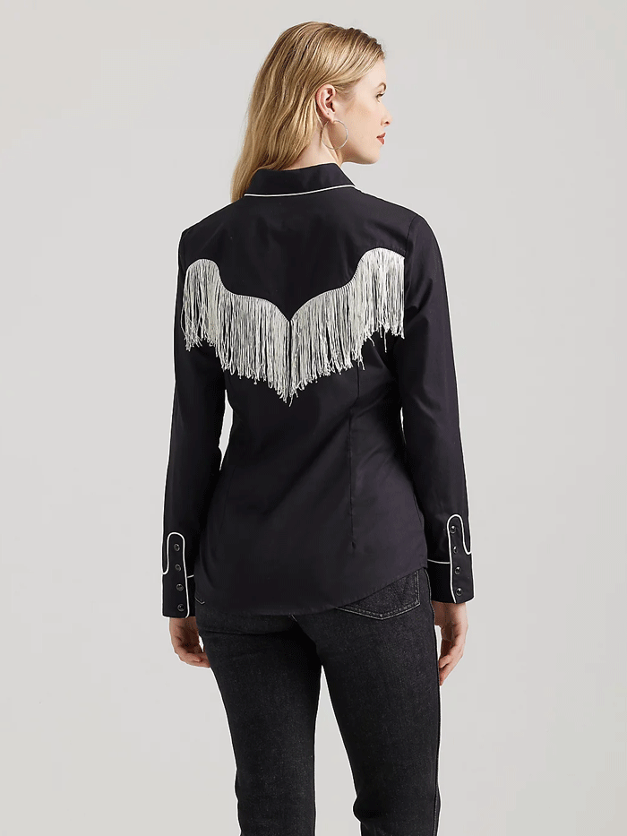 Wrangler 112356678 Womens Western Dress Fringe Snap Shirt Black front. If you need any assistance with this item or the purchase of this item please call us at five six one seven four eight eight eight zero one Monday through Saturday 10:00a.m EST to 8:00 p.m EST

