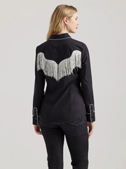 Wrangler 112356678 Womens Western Dress Fringe Snap Shirt Black back. If you need any assistance with this item or the purchase of this item please call us at five six one seven four eight eight eight zero one Monday through Saturday 10:00a.m EST to 8:00 p.m EST

