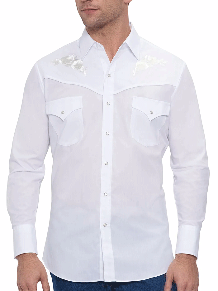 Ely Cattleman 15203901-05 Mens White Rose Embroidery Long Sleeve Western Shirt White front view tucked in. If you need any assistance with this item or the purchase of this item please call us at five six one seven four eight eight eight zero one Monday through Saturday 10:00a.m EST to 8:00 p.m EST