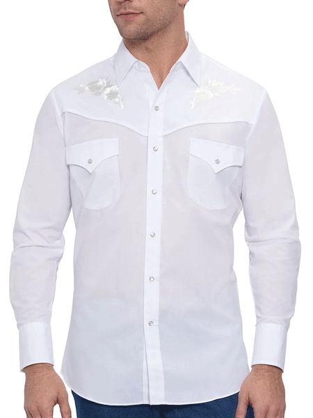 Ely Cattleman 15203901-05 Mens White Rose Embroidery Long Sleeve Western Shirt White front view untucked. If you need any assistance with this item or the purchase of this item please call us at five six one seven four eight eight eight zero one Monday through Saturday 10:00a.m EST to 8:00 p.m EST