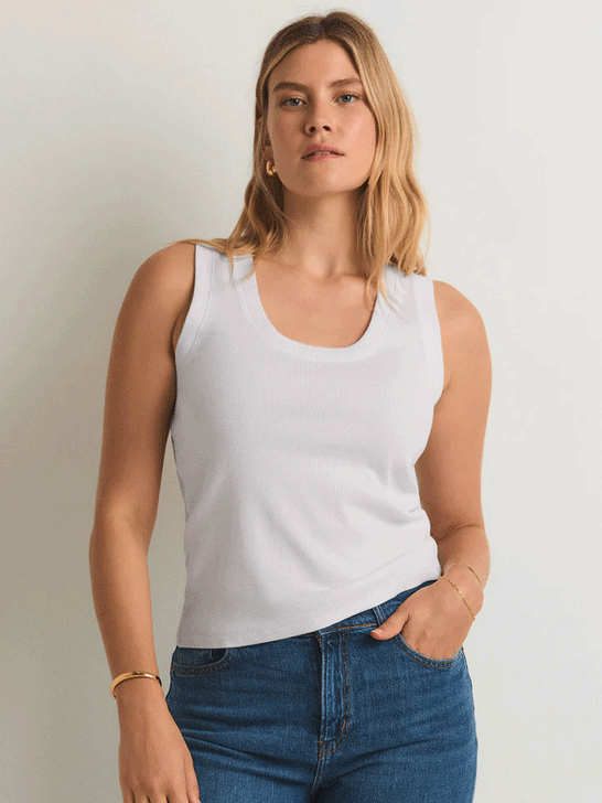 Z Supply ZT231241-WHT Womens Sirena Rib Tank White alternate front view untucked. If you need any assistance with this item or the purchase of this item please call us at five six one seven four eight eight eight zero one Monday through Saturday 10:00a.m EST to 8:00 p.m EST
