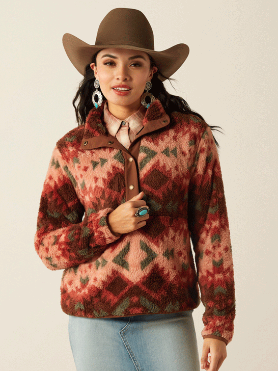 Ariat 10053942 Womens Berber Snap Front Sweatshirt Plainsview Print Rust front. If you need any assistance with this item or the purchase of this item please call us at five six one seven four eight eight eight zero one Monday through Saturday 10:00a.m EST to 8:00 p.m EST