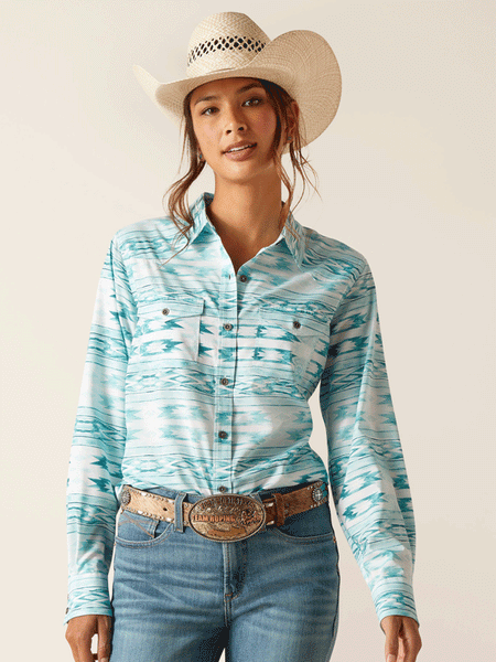 Ariat 10048776 Womens VentTEK Stretch Shirt Nora Print Green front view. If you need any assistance with this item or the purchase of this item please call us at five six one seven four eight eight eight zero one Monday through Saturday 10:00a.m EST to 8:00 p.m EST