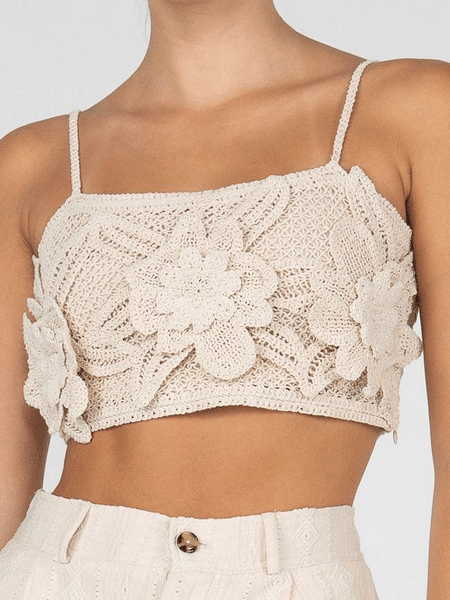 Miss Me MT2816T Womens All Over Crochet Crop Top Natural close up view of front. If you need any assistance with this item or the purchase of this item please call us at five six one seven four eight eight eight zero one Monday through Saturday 10:00a.m EST to 8:00 p.m EST