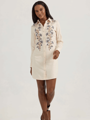 Wrangler 112361198 Womens Embroidered Wildflower Western Snap Shirt Dress Cream front view as dress. If you need any assistance with this item or the purchase of this item please call us at five six one seven four eight eight eight zero one Monday through Saturday 10:00a.m EST to 8:00 p.m EST