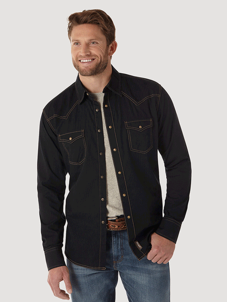 Wrangler MVR532X Mens Retro Western Snap Solid Dobby Shirt Black front view open on model. If you need any assistance with this item or the purchase of this item please call us at five six one seven four eight eight eight zero one Monday through Saturday 10:00a.m EST to 8:00 p.m EST