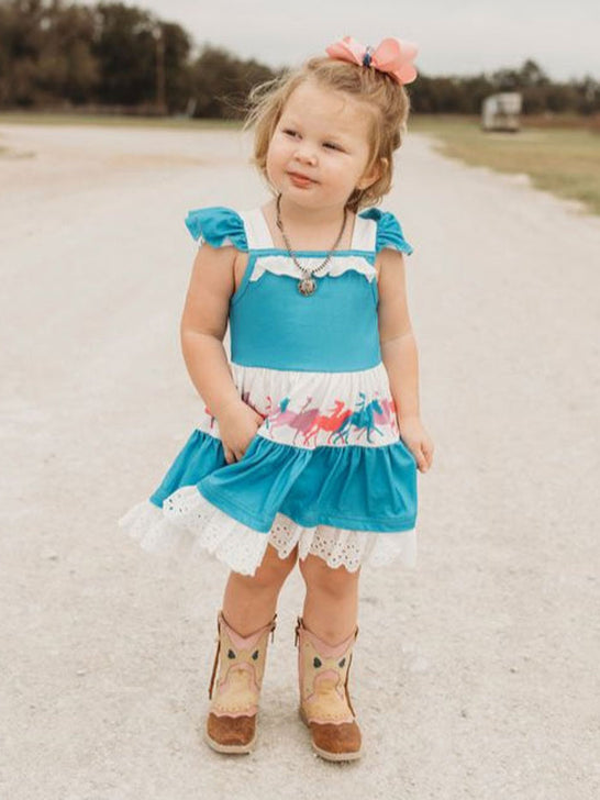 Shea Baby FSD02 Infants Free Spirit Ruffle Dress Teal front view. If you need any assistance with this item or the purchase of this item please call us at five six one seven four eight eight eight zero one Monday through Saturday 10:00a.m EST to 8:00 p.m EST