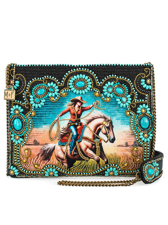 Mary Frances BAG S002-515 COWGIRL Crossbody Handbag Turquoise front view. If you need any assistance with this item or the purchase of this item please call us at five six one seven four eight eight eight zero one Monday through Saturday 10:00a.m EST to 8:00 p.m EST