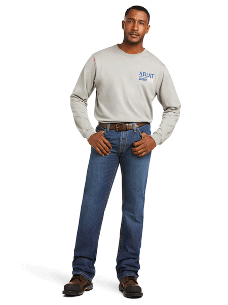 Ariat 10012552 Mens FR M4 Relaxed Basic Boot Cut Jean Flint front view. If you need any assistance with this item or the purchase of this item please call us at five six one seven four eight eight eight zero one Monday through Saturday 10:00a.m EST to 8:00 p.m EST