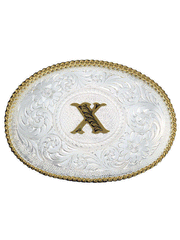 Montana Silversmiths 700 Initial Silver Engraved Gold Trim Western Belt Buckle letter X front view. If you need any assistance with this item or the purchase of this item please call us at five six one seven four eight eight eight zero one Monday through Saturday 10:00a.m EST to 8:00 p.m EST