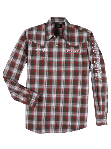 Wrangler 112330377 Mens PBR Long Sleeve Logo Shirt Red front view. If you need any assistance with this item or the purchase of this item please call us at five six one seven four eight eight eight zero one Monday through Saturday 10:00a.m EST to 8:00 p.m EST